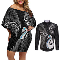 Personalised New Zealand Couples Off Shoulder Short Dress and Long Sleeve Button Shirts Aotearoa Silver Fern With Manaia Maori Unique Black - Wonder Print Shop