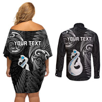 Personalised New Zealand Couples Off Shoulder Short Dress and Long Sleeve Button Shirts Aotearoa Silver Fern With Manaia Maori Unique Black - Wonder Print Shop