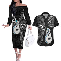Personalised New Zealand Couples Off The Shoulder Long Sleeve Dress and Hawaiian Shirt Aotearoa Silver Fern With Manaia Maori Unique Black - Wonder Print Shop
