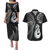 Personalised New Zealand Couples Puletasi Dress and Hawaiian Shirt Aotearoa Silver Fern With Manaia Maori Unique Black - Wonder Print Shop