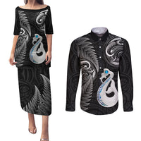 Personalised New Zealand Couples Puletasi Dress and Long Sleeve Button Shirts Aotearoa Silver Fern With Manaia Maori Unique Black - Wonder Print Shop
