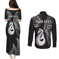Personalised New Zealand Couples Puletasi Dress and Long Sleeve Button Shirts Aotearoa Silver Fern With Manaia Maori Unique Black - Wonder Print Shop