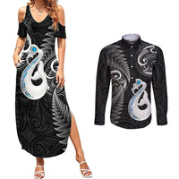 Personalised New Zealand Couples Summer Maxi Dress and Long Sleeve Button Shirts Aotearoa Silver Fern With Manaia Maori Unique Black - Wonder Print Shop