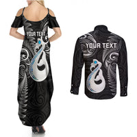 Personalised New Zealand Couples Summer Maxi Dress and Long Sleeve Button Shirts Aotearoa Silver Fern With Manaia Maori Unique Black - Wonder Print Shop
