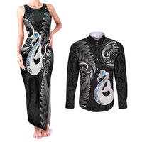 Personalised New Zealand Couples Matching Tank Maxi Dress and Long Sleeve Button Shirts Aotearoa Silver Fern With Manaia Maori Unique Black - Wonder Print Shop