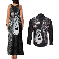 Personalised New Zealand Couples Matching Tank Maxi Dress and Long Sleeve Button Shirts Aotearoa Silver Fern With Manaia Maori Unique Black - Wonder Print Shop
