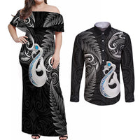 Personalised New Zealand Couples Off Shoulder Maxi Dress and Long Sleeve Button Shirts Aotearoa Silver Fern With Manaia Maori Unique Black - Wonder Print Shop