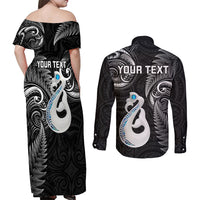 Personalised New Zealand Couples Off Shoulder Maxi Dress and Long Sleeve Button Shirts Aotearoa Silver Fern With Manaia Maori Unique Black - Wonder Print Shop