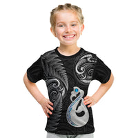 Personalised New Zealand Kid T Shirt Aotearoa Silver Fern With Manaia Maori Unique Black - Wonder Print Shop