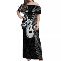 Personalised New Zealand Off Shoulder Maxi Dress Aotearoa Silver Fern With Manaia Maori Unique Black - Wonder Print Shop
