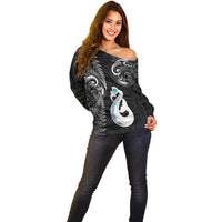 Personalised New Zealand Off Shoulder Sweater Aotearoa Silver Fern With Manaia Maori Unique Black - Wonder Print Shop