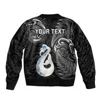 Personalised New Zealand Sleeve Zip Bomber Jacket Aotearoa Silver Fern With Manaia Maori Unique Black - Wonder Print Shop