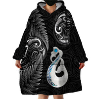 Personalised New Zealand Wearable Blanket Hoodie Aotearoa Silver Fern With Manaia Maori Unique Black - Wonder Print Shop