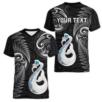 Personalised New Zealand Women V Neck T Shirt Aotearoa Silver Fern With Manaia Maori Unique Black - Wonder Print Shop