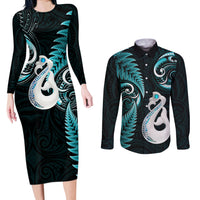 Personalised New Zealand Couples Long Sleeve Bodycon Dress and Long Sleeve Button Shirts Aotearoa Silver Fern With Manaia Maori Unique Turquoise - Wonder Print Shop