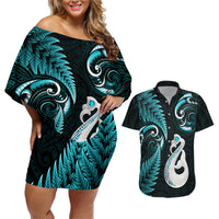 Personalised New Zealand Couples Off Shoulder Short Dress and Hawaiian Shirt Aotearoa Silver Fern With Manaia Maori Unique Turquoise - Wonder Print Shop