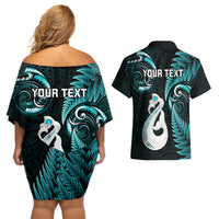 Personalised New Zealand Couples Off Shoulder Short Dress and Hawaiian Shirt Aotearoa Silver Fern With Manaia Maori Unique Turquoise - Wonder Print Shop