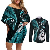 Personalised New Zealand Couples Off Shoulder Short Dress and Long Sleeve Button Shirts Aotearoa Silver Fern With Manaia Maori Unique Turquoise - Wonder Print Shop
