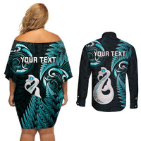 Personalised New Zealand Couples Off Shoulder Short Dress and Long Sleeve Button Shirts Aotearoa Silver Fern With Manaia Maori Unique Turquoise - Wonder Print Shop