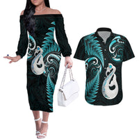 Personalised New Zealand Couples Off The Shoulder Long Sleeve Dress and Hawaiian Shirt Aotearoa Silver Fern With Manaia Maori Unique Turquoise - Wonder Print Shop