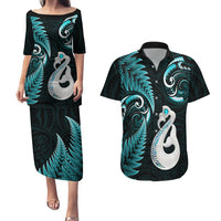 Personalised New Zealand Couples Puletasi Dress and Hawaiian Shirt Aotearoa Silver Fern With Manaia Maori Unique Turquoise - Wonder Print Shop