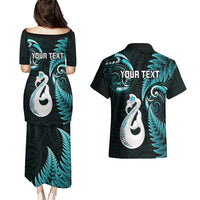Personalised New Zealand Couples Puletasi Dress and Hawaiian Shirt Aotearoa Silver Fern With Manaia Maori Unique Turquoise - Wonder Print Shop