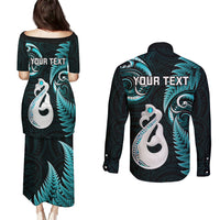 Personalised New Zealand Couples Puletasi Dress and Long Sleeve Button Shirts Aotearoa Silver Fern With Manaia Maori Unique Turquoise - Wonder Print Shop