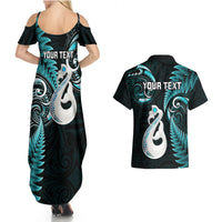 Personalised New Zealand Couples Summer Maxi Dress and Hawaiian Shirt Aotearoa Silver Fern With Manaia Maori Unique Turquoise - Wonder Print Shop