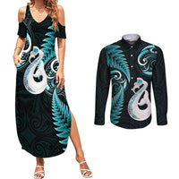 Personalised New Zealand Couples Summer Maxi Dress and Long Sleeve Button Shirts Aotearoa Silver Fern With Manaia Maori Unique Turquoise - Wonder Print Shop