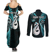 Personalised New Zealand Couples Summer Maxi Dress and Long Sleeve Button Shirts Aotearoa Silver Fern With Manaia Maori Unique Turquoise - Wonder Print Shop