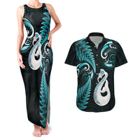 Personalised New Zealand Couples Matching Tank Maxi Dress And Hawaiian Shirt Aotearoa Silver Fern With Manaia Maori Unique Turquoise - Wonder Print Shop
