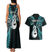 Personalised New Zealand Couples Matching Tank Maxi Dress And Hawaiian Shirt Aotearoa Silver Fern With Manaia Maori Unique Turquoise - Wonder Print Shop