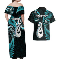Personalised New Zealand Couples Off Shoulder Maxi Dress and Hawaiian Shirt Aotearoa Silver Fern With Manaia Maori Unique Turquoise - Wonder Print Shop