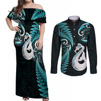 Personalised New Zealand Couples Off Shoulder Maxi Dress and Long Sleeve Button Shirts Aotearoa Silver Fern With Manaia Maori Unique Turquoise - Wonder Print Shop