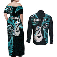 Personalised New Zealand Couples Off Shoulder Maxi Dress and Long Sleeve Button Shirts Aotearoa Silver Fern With Manaia Maori Unique Turquoise - Wonder Print Shop