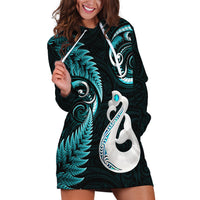 Personalised New Zealand Hoodie Dress Aotearoa Silver Fern With Manaia Maori Unique Turquoise - Wonder Print Shop