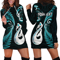 Personalised New Zealand Hoodie Dress Aotearoa Silver Fern With Manaia Maori Unique Turquoise - Wonder Print Shop