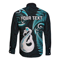Personalised New Zealand Long Sleeve Button Shirt Aotearoa Silver Fern With Manaia Maori Unique Turquoise - Wonder Print Shop