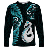 Personalised New Zealand Long Sleeve Shirt Aotearoa Silver Fern With Manaia Maori Unique Turquoise - Wonder Print Shop
