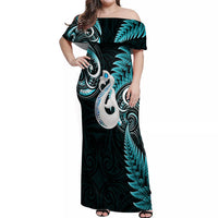 Personalised New Zealand Off Shoulder Maxi Dress Aotearoa Silver Fern With Manaia Maori Unique Turquoise - Wonder Print Shop