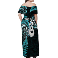 Personalised New Zealand Off Shoulder Maxi Dress Aotearoa Silver Fern With Manaia Maori Unique Turquoise - Wonder Print Shop