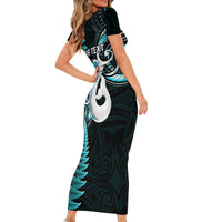 Personalised New Zealand Short Sleeve Bodycon Dress Aotearoa Silver Fern With Manaia Maori Unique Turquoise - Wonder Print Shop