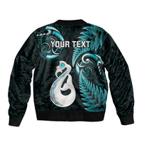 Personalised New Zealand Sleeve Zip Bomber Jacket Aotearoa Silver Fern With Manaia Maori Unique Turquoise - Wonder Print Shop