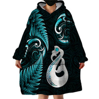 Personalised New Zealand Wearable Blanket Hoodie Aotearoa Silver Fern With Manaia Maori Unique Turquoise - Wonder Print Shop