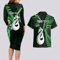 Personalised New Zealand Couples Long Sleeve Bodycon Dress and Hawaiian Shirt Aotearoa Silver Fern With Manaia Maori Unique Green - Wonder Print Shop