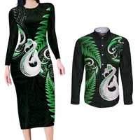 Personalised New Zealand Couples Long Sleeve Bodycon Dress and Long Sleeve Button Shirts Aotearoa Silver Fern With Manaia Maori Unique Green - Wonder Print Shop