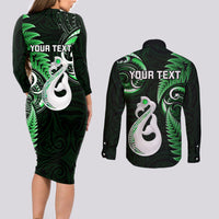 Personalised New Zealand Couples Long Sleeve Bodycon Dress and Long Sleeve Button Shirts Aotearoa Silver Fern With Manaia Maori Unique Green - Wonder Print Shop