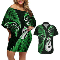 Personalised New Zealand Couples Off Shoulder Short Dress and Hawaiian Shirt Aotearoa Silver Fern With Manaia Maori Unique Green - Wonder Print Shop