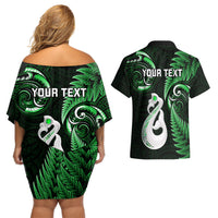 Personalised New Zealand Couples Off Shoulder Short Dress and Hawaiian Shirt Aotearoa Silver Fern With Manaia Maori Unique Green - Wonder Print Shop