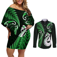 Personalised New Zealand Couples Off Shoulder Short Dress and Long Sleeve Button Shirts Aotearoa Silver Fern With Manaia Maori Unique Green - Wonder Print Shop